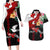 Personalised Tonga Emancipation Day Couples Matching Long Sleeve Bodycon Dress and Hawaiian Shirt Flag Map and Hibiscus Flower Ngatu Pattern LT03 Black - Polynesian Pride