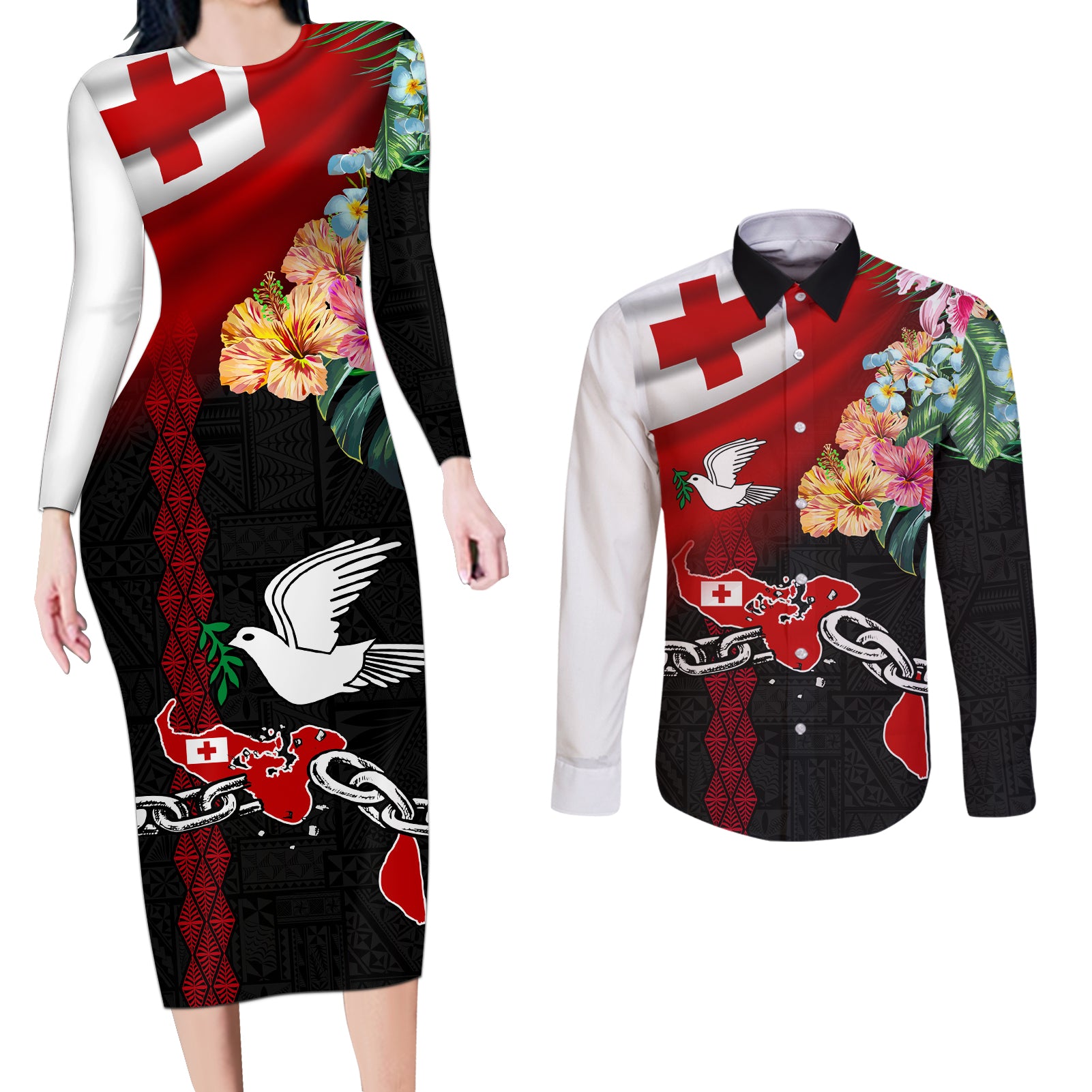 Personalised Tonga Emancipation Day Couples Matching Long Sleeve Bodycon Dress and Long Sleeve Button Shirt Flag Map and Hibiscus Flower Ngatu Pattern LT03 Black - Polynesian Pride