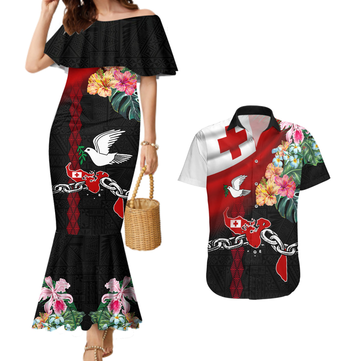 Personalised Tonga Emancipation Day Couples Matching Mermaid Dress and Hawaiian Shirt Flag Map and Hibiscus Flower Ngatu Pattern LT03 Black - Polynesian Pride