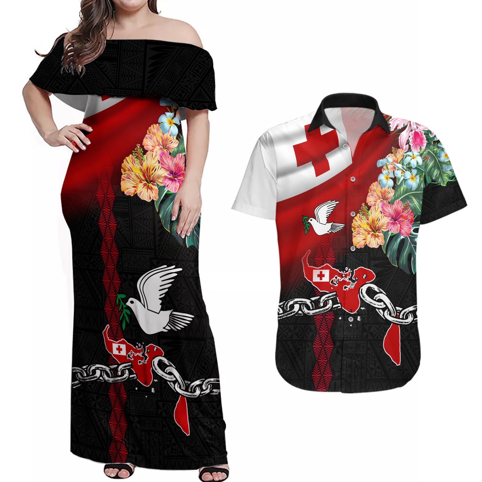 Personalised Tonga Emancipation Day Couples Matching Off Shoulder Maxi Dress and Hawaiian Shirt Flag Map and Hibiscus Flower Ngatu Pattern LT03 Black - Polynesian Pride