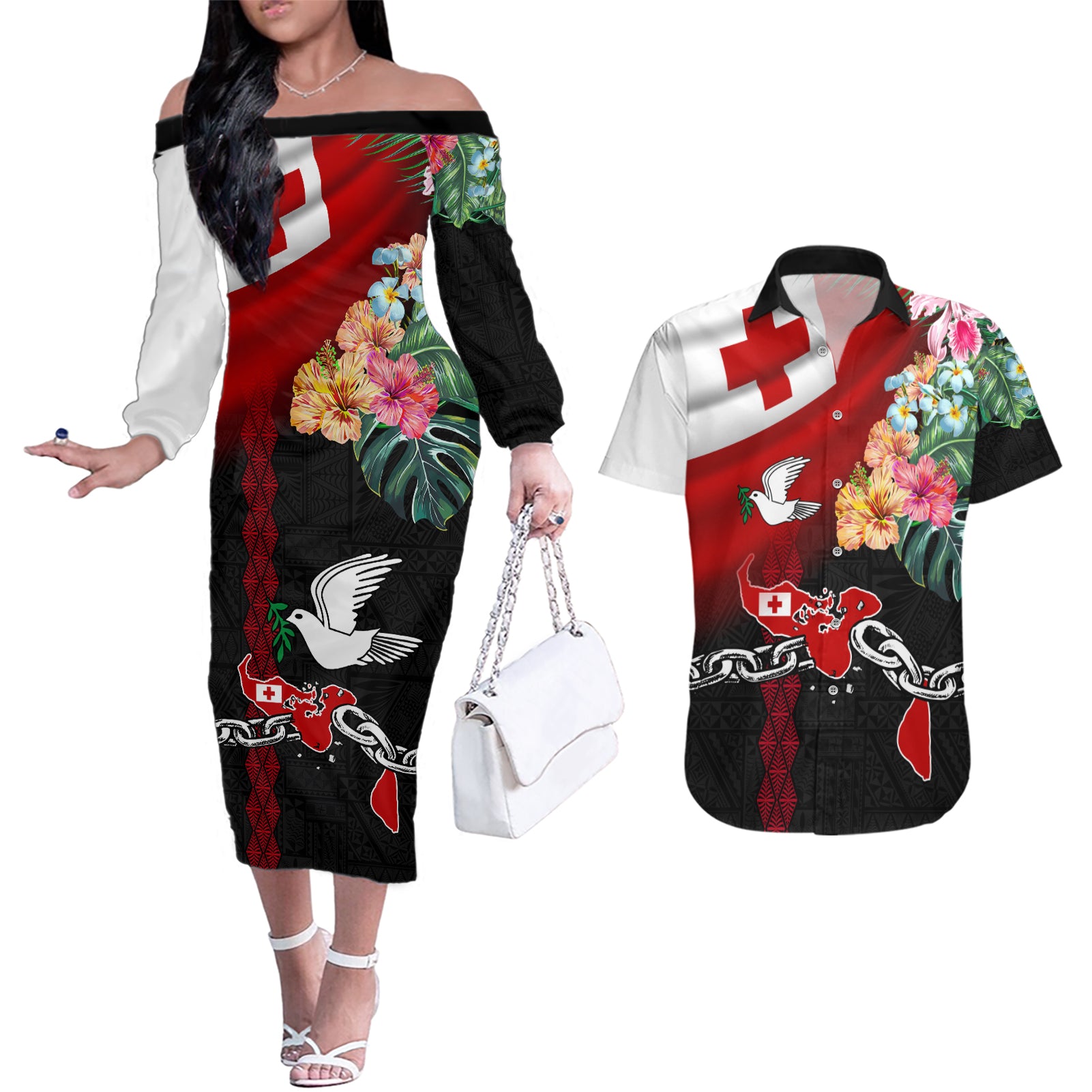 Personalised Tonga Emancipation Day Couples Matching Off The Shoulder Long Sleeve Dress and Hawaiian Shirt Flag Map and Hibiscus Flower Ngatu Pattern LT03 Black - Polynesian Pride