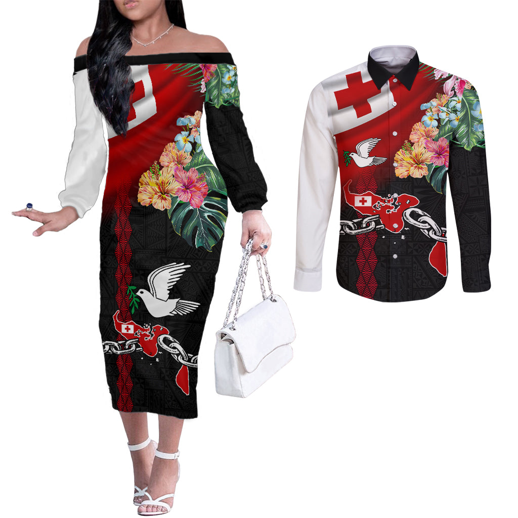 Personalised Tonga Emancipation Day Couples Matching Off The Shoulder Long Sleeve Dress and Long Sleeve Button Shirt Flag Map and Hibiscus Flower Ngatu Pattern LT03 Black - Polynesian Pride