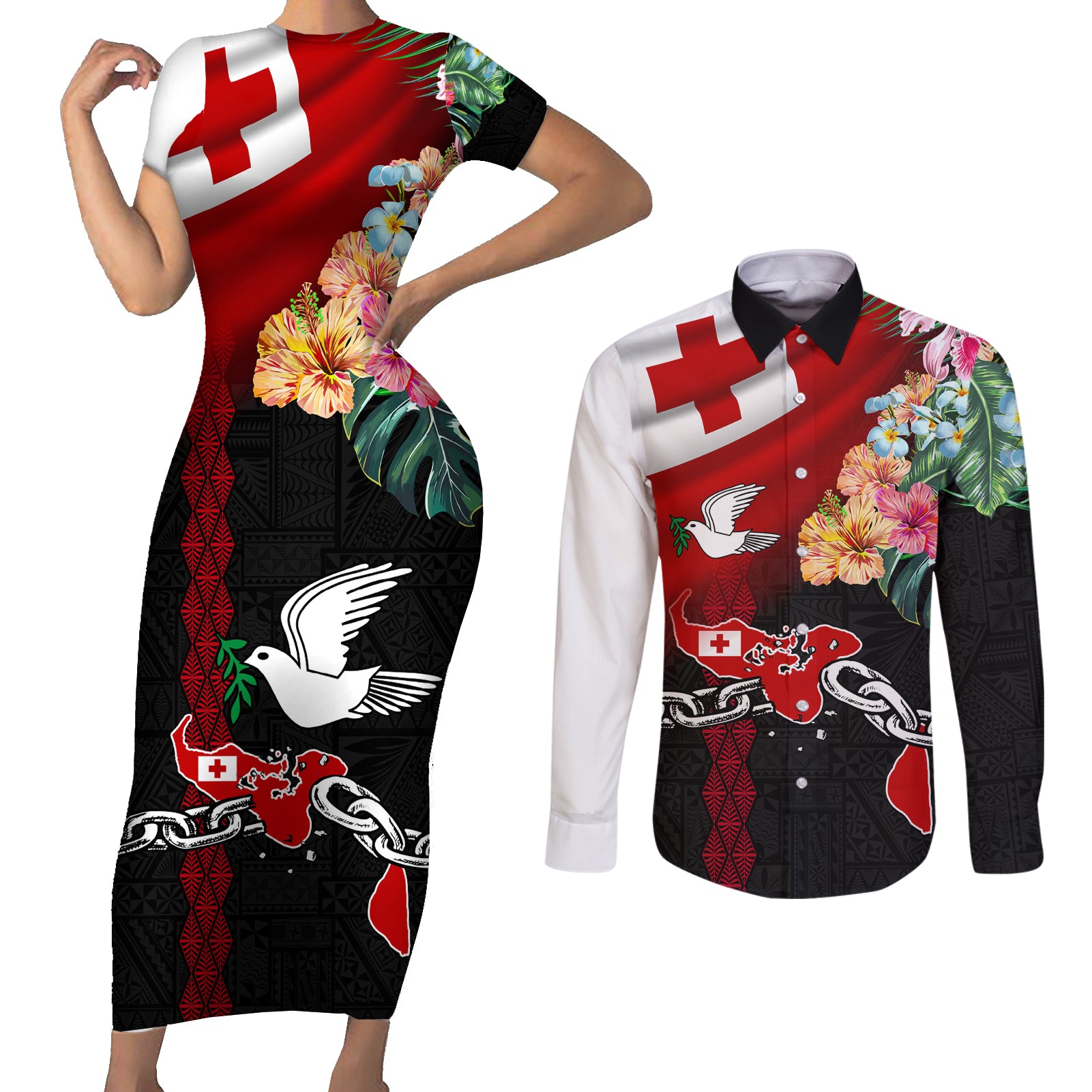 Personalised Tonga Emancipation Day Couples Matching Short Sleeve Bodycon Dress and Long Sleeve Button Shirt Flag Map and Hibiscus Flower Ngatu Pattern LT03 Black - Polynesian Pride