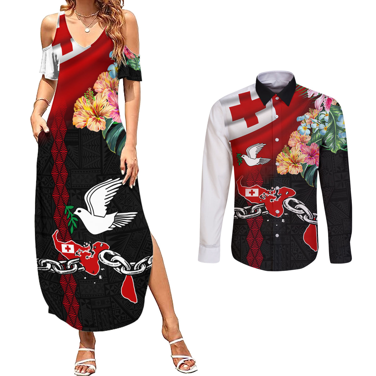 Personalised Tonga Emancipation Day Couples Matching Summer Maxi Dress and Long Sleeve Button Shirt Flag Map and Hibiscus Flower Ngatu Pattern LT03 Black - Polynesian Pride