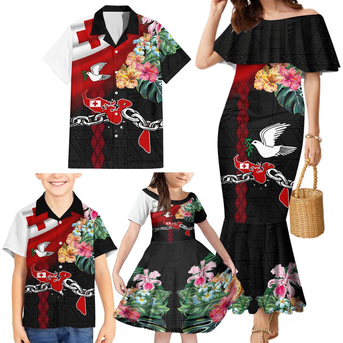 Personalised Tonga Emancipation Day Family Matching Mermaid Dress and Hawaiian Shirt Flag Map and Hibiscus Flower Ngatu Pattern LT03 - Polynesian Pride