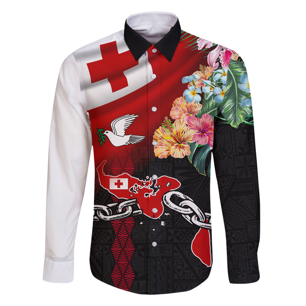 Personalised Tonga Emancipation Day Family Matching Off Shoulder Long Sleeve Dress and Hawaiian Shirt Flag Map and Hibiscus Flower Ngatu Pattern LT03 Dad's Shirt - Long Sleeve Black - Polynesian Pride