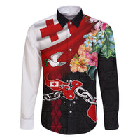 Personalised Tonga Emancipation Day Family Matching Off Shoulder Long Sleeve Dress and Hawaiian Shirt Flag Map and Hibiscus Flower Ngatu Pattern LT03 Dad's Shirt - Long Sleeve Black - Polynesian Pride