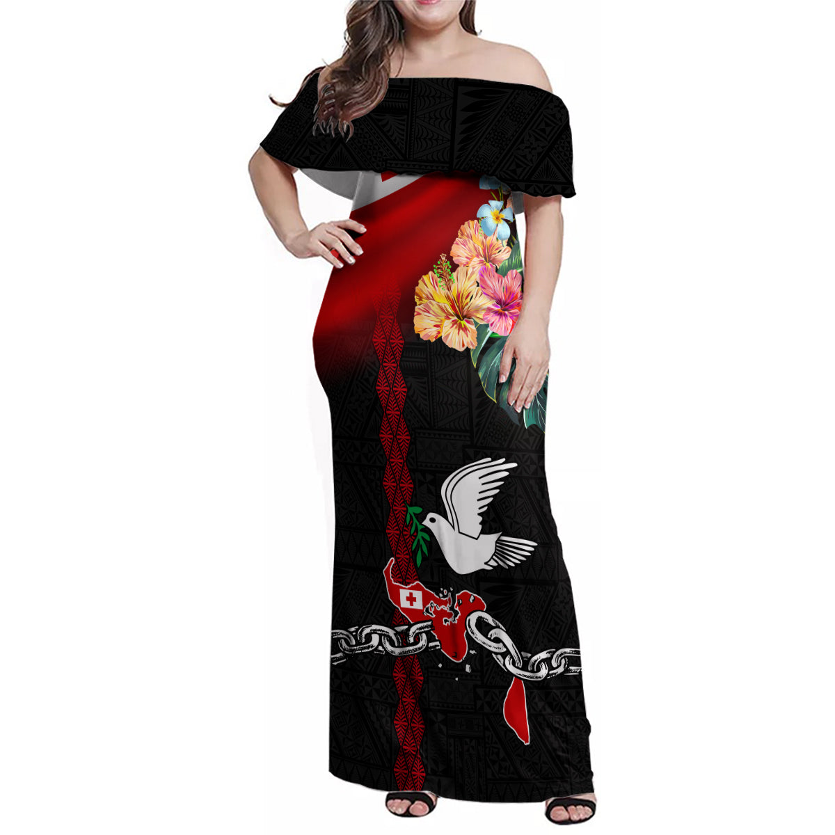 Personalised Tonga Emancipation Day Family Matching Off Shoulder Maxi Dress and Hawaiian Shirt Flag Map and Hibiscus Flower Ngatu Pattern LT03 Mom's Dress Black - Polynesian Pride