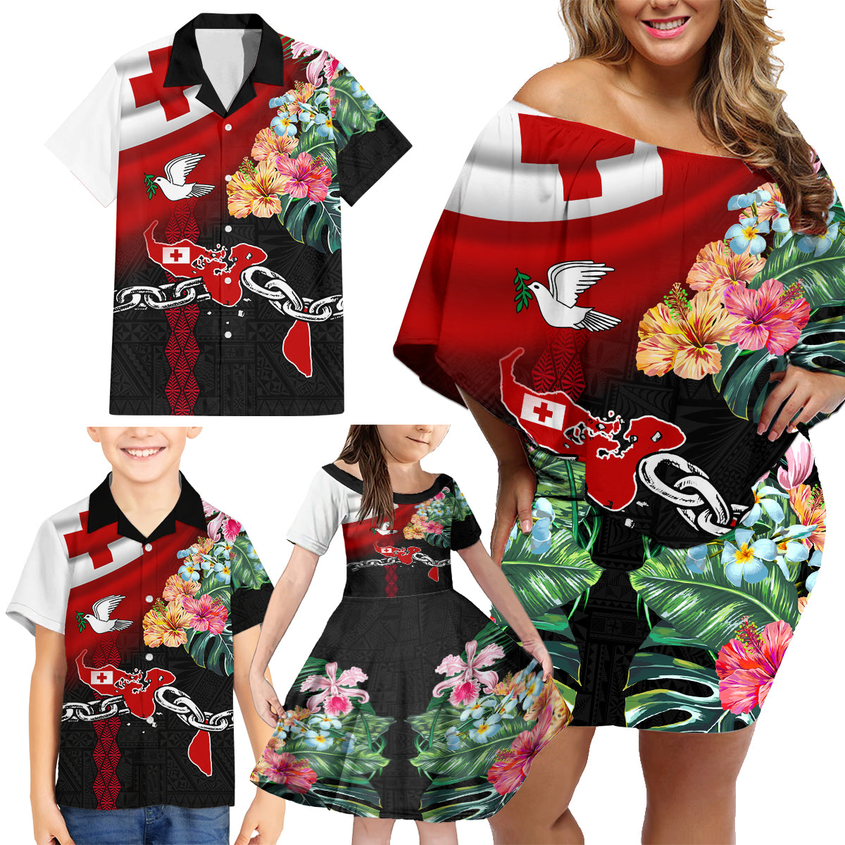 Personalised Tonga Emancipation Day Family Matching Off Shoulder Short Dress and Hawaiian Shirt Flag Map and Hibiscus Flower Ngatu Pattern LT03 - Polynesian Pride