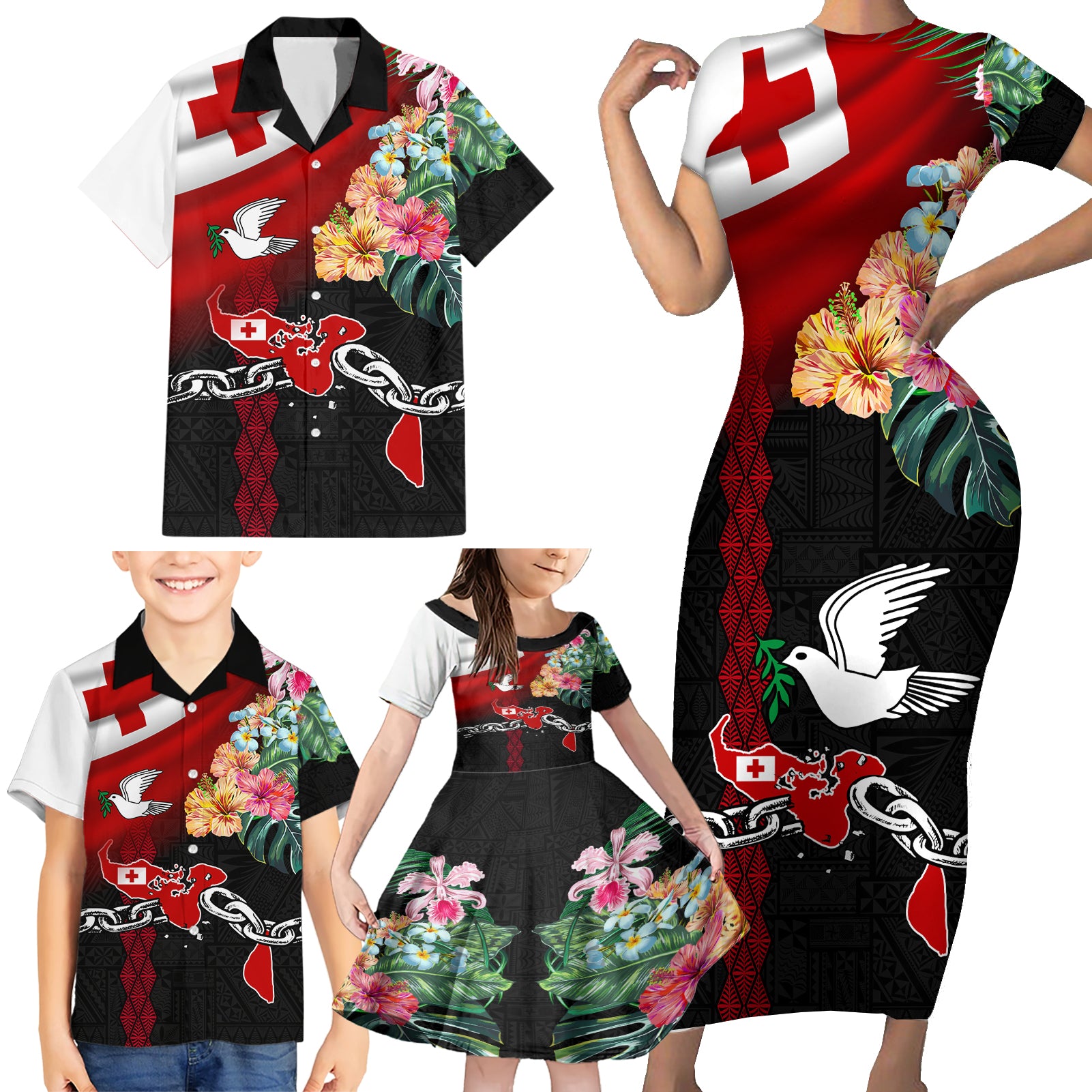 Personalised Tonga Emancipation Day Family Matching Short Sleeve Bodycon Dress and Hawaiian Shirt Flag Map and Hibiscus Flower Ngatu Pattern LT03 - Polynesian Pride