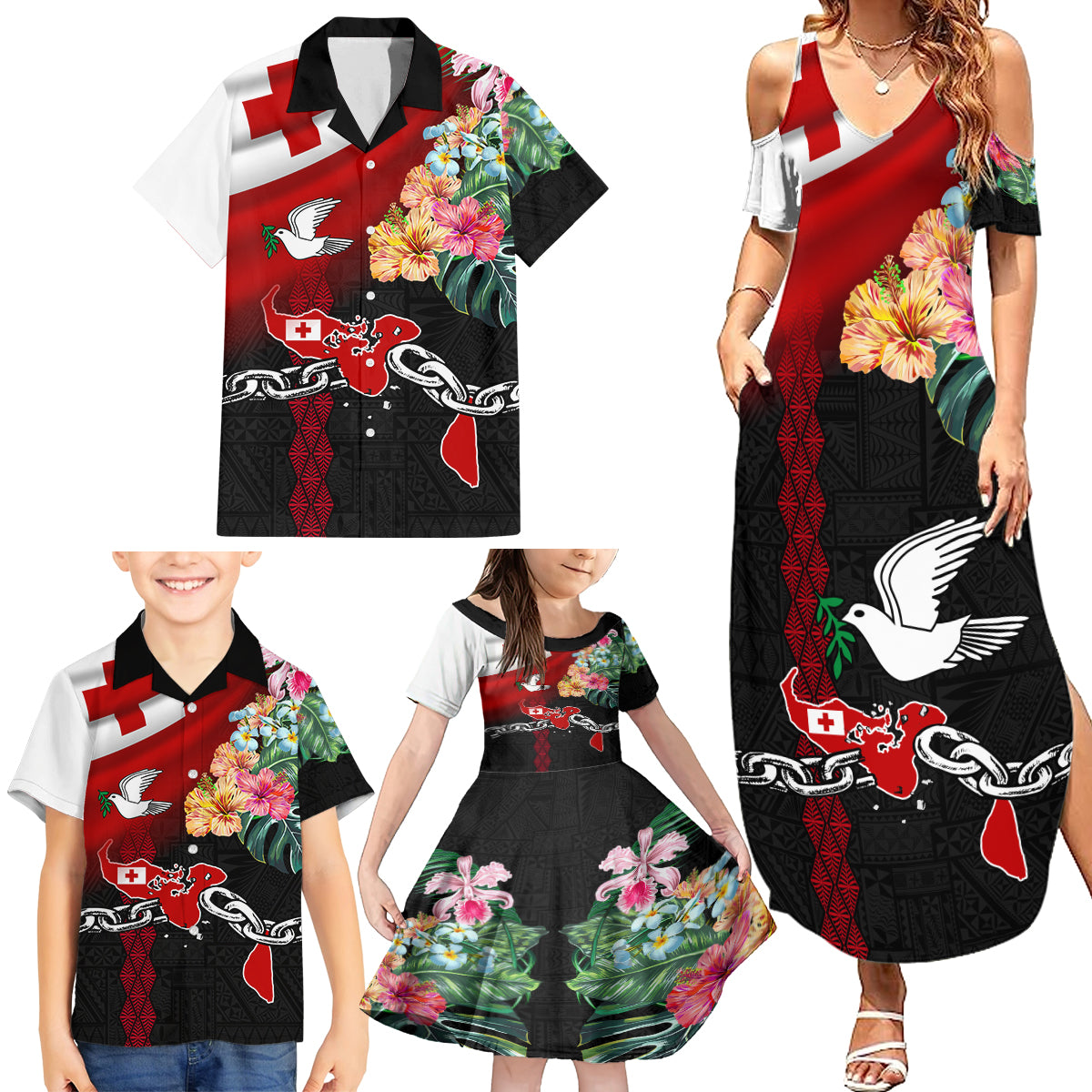 Personalised Tonga Emancipation Day Family Matching Summer Maxi Dress and Hawaiian Shirt Flag Map and Hibiscus Flower Ngatu Pattern LT03 - Polynesian Pride