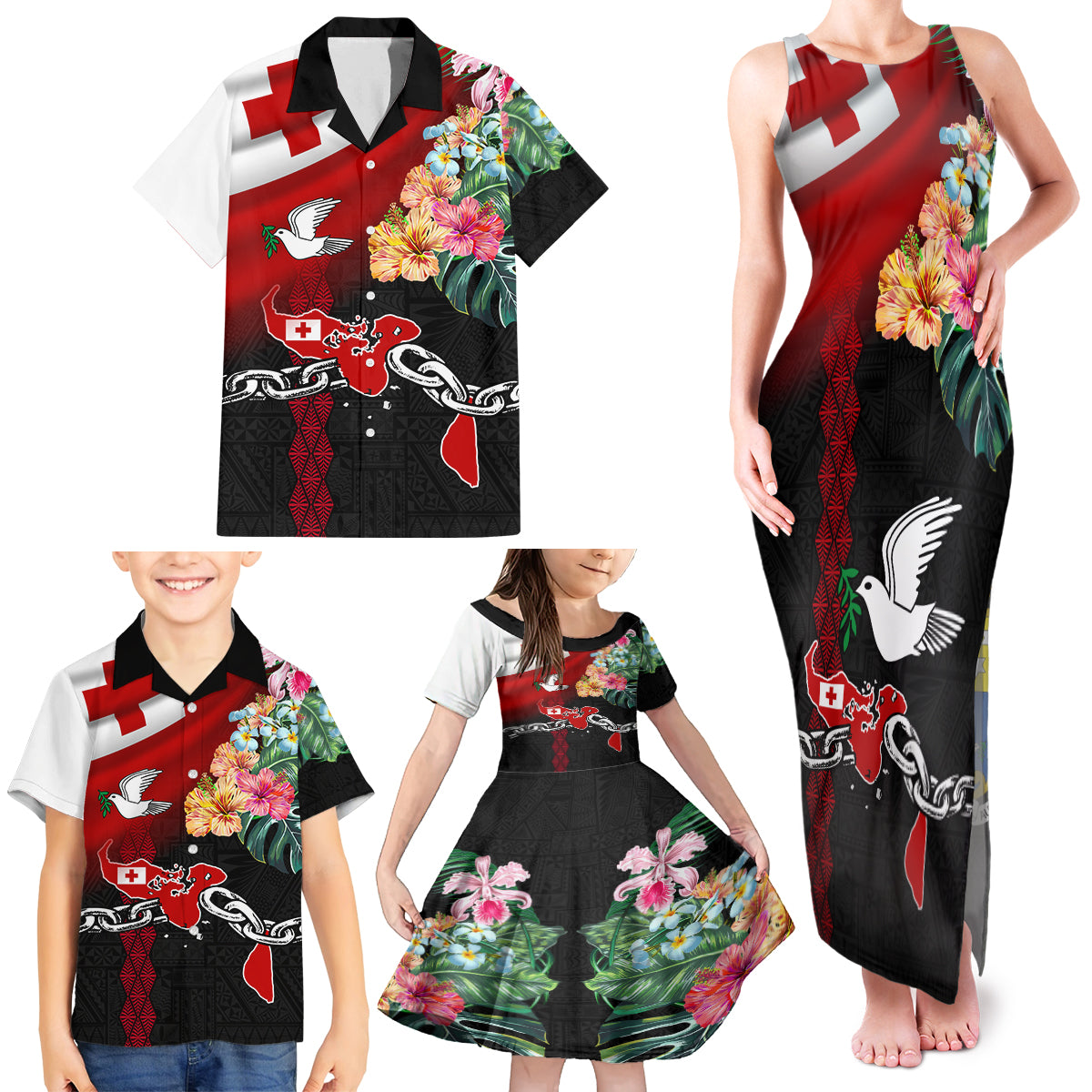 Personalised Tonga Emancipation Day Family Matching Tank Maxi Dress and Hawaiian Shirt Flag Map and Hibiscus Flower Ngatu Pattern LT03 - Polynesian Pride