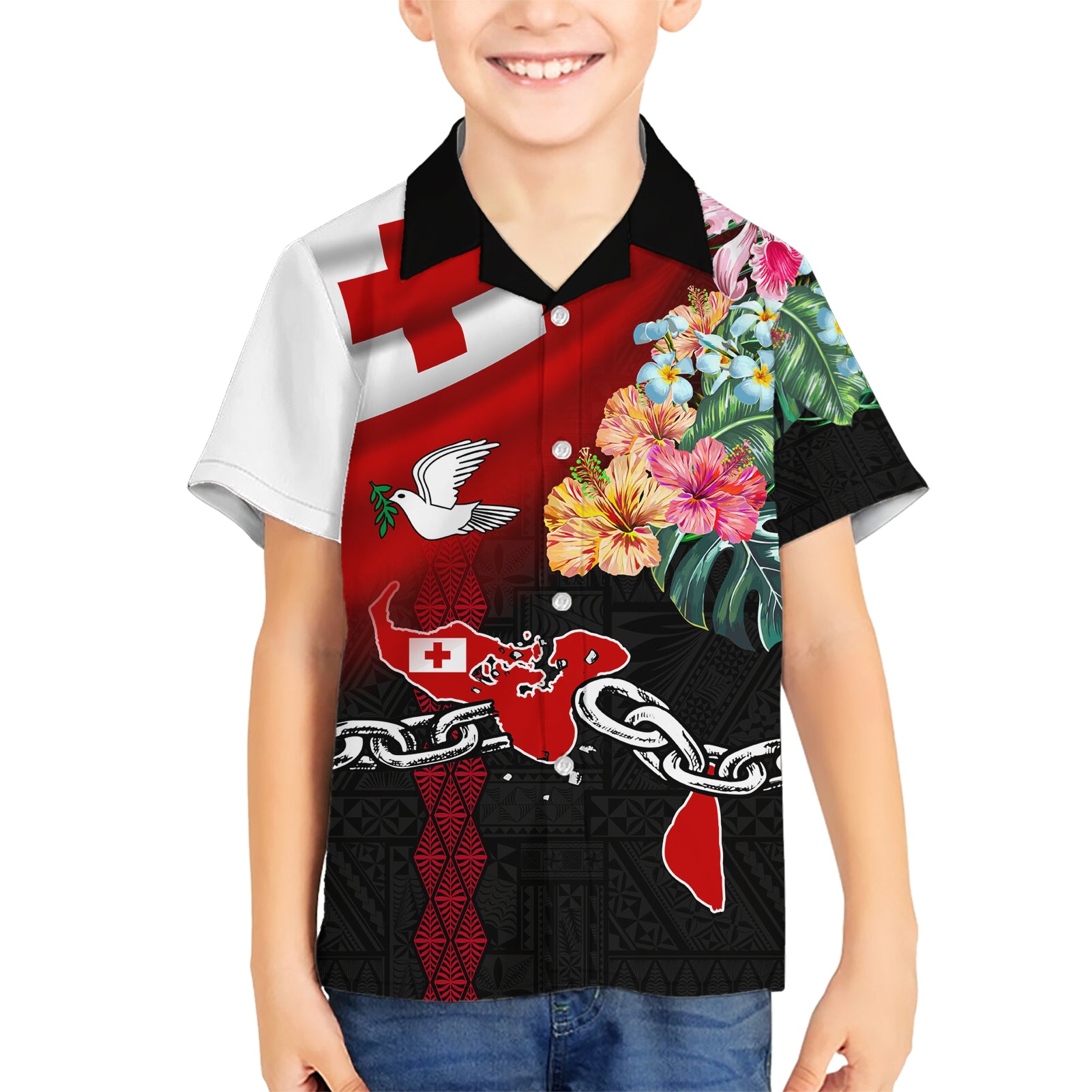 Personalised Tonga Emancipation Day Kid Hawaiian Shirt Flag Map and Hibiscus Flower Ngatu Pattern LT03 Kid Black - Polynesian Pride