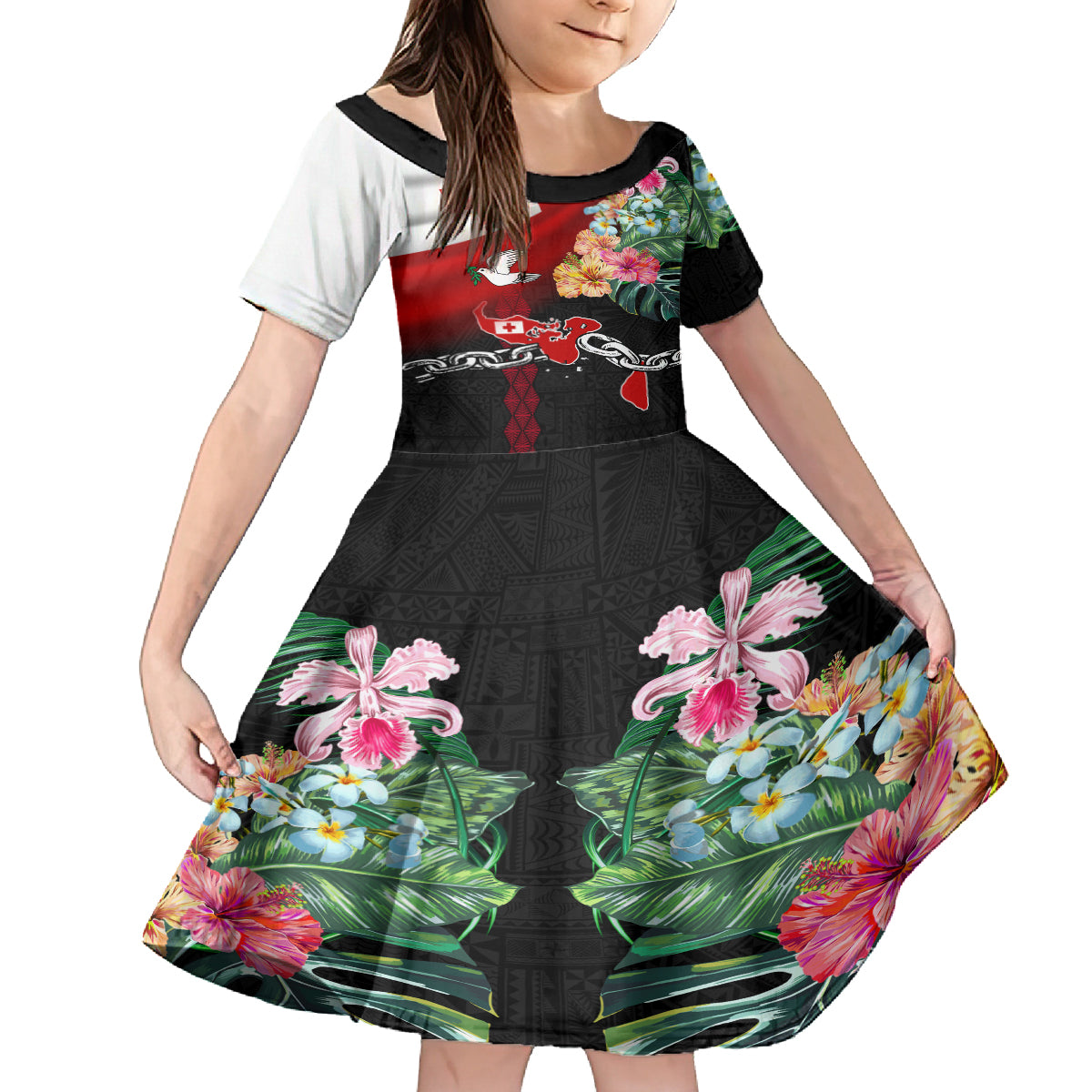 Personalised Tonga Emancipation Day Kid Short Sleeve Dress Flag Map and Hibiscus Flower Ngatu Pattern LT03 KID Black - Polynesian Pride