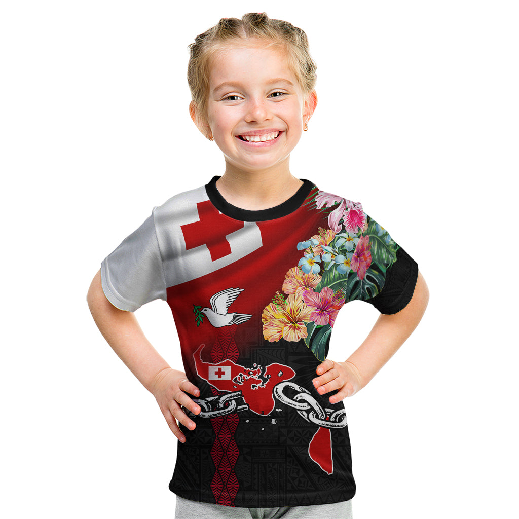 Personalised Tonga Emancipation Day Kid T Shirt Flag Map and Hibiscus Flower Ngatu Pattern LT03 Black - Polynesian Pride