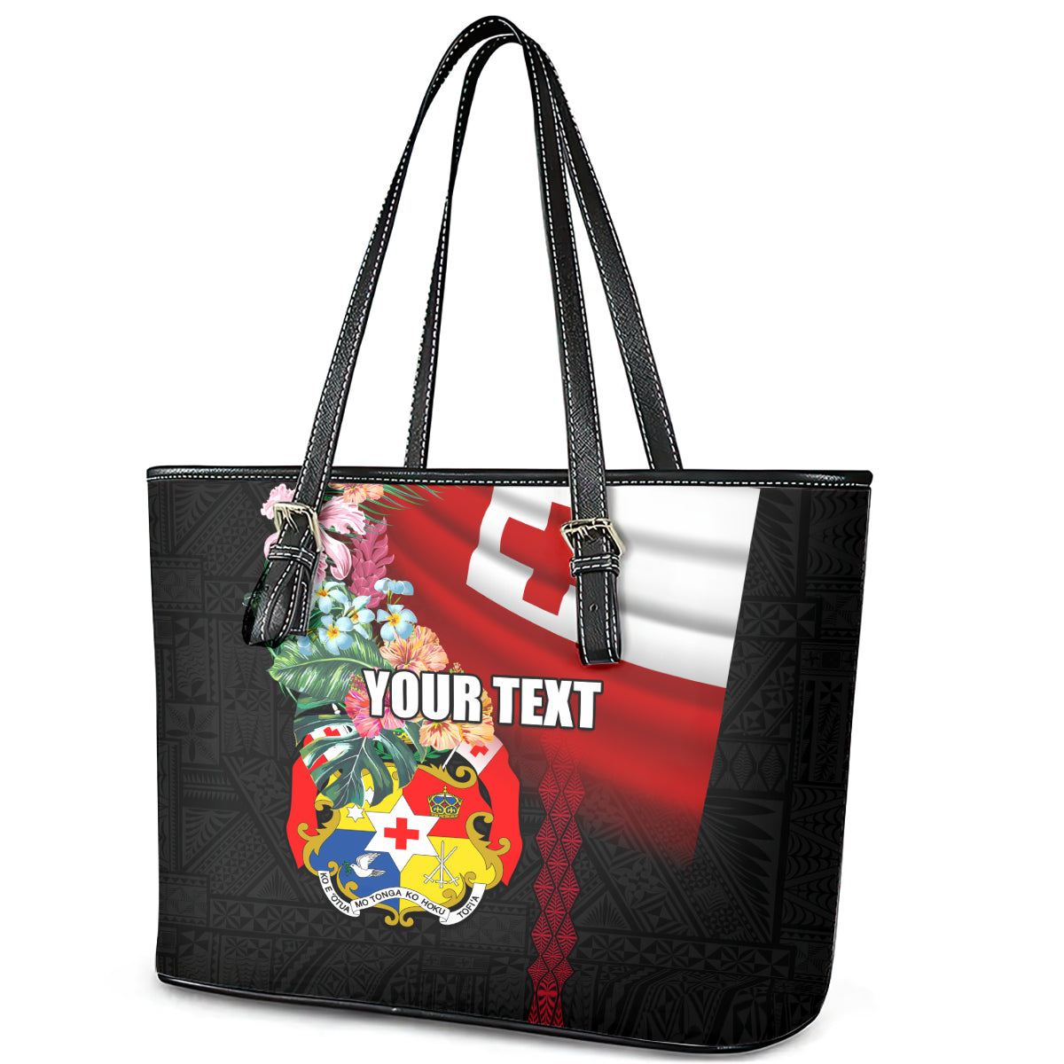 Personalised Tonga Emancipation Day Leather Tote Bag Flag Map and Hibiscus Flower Ngatu Pattern