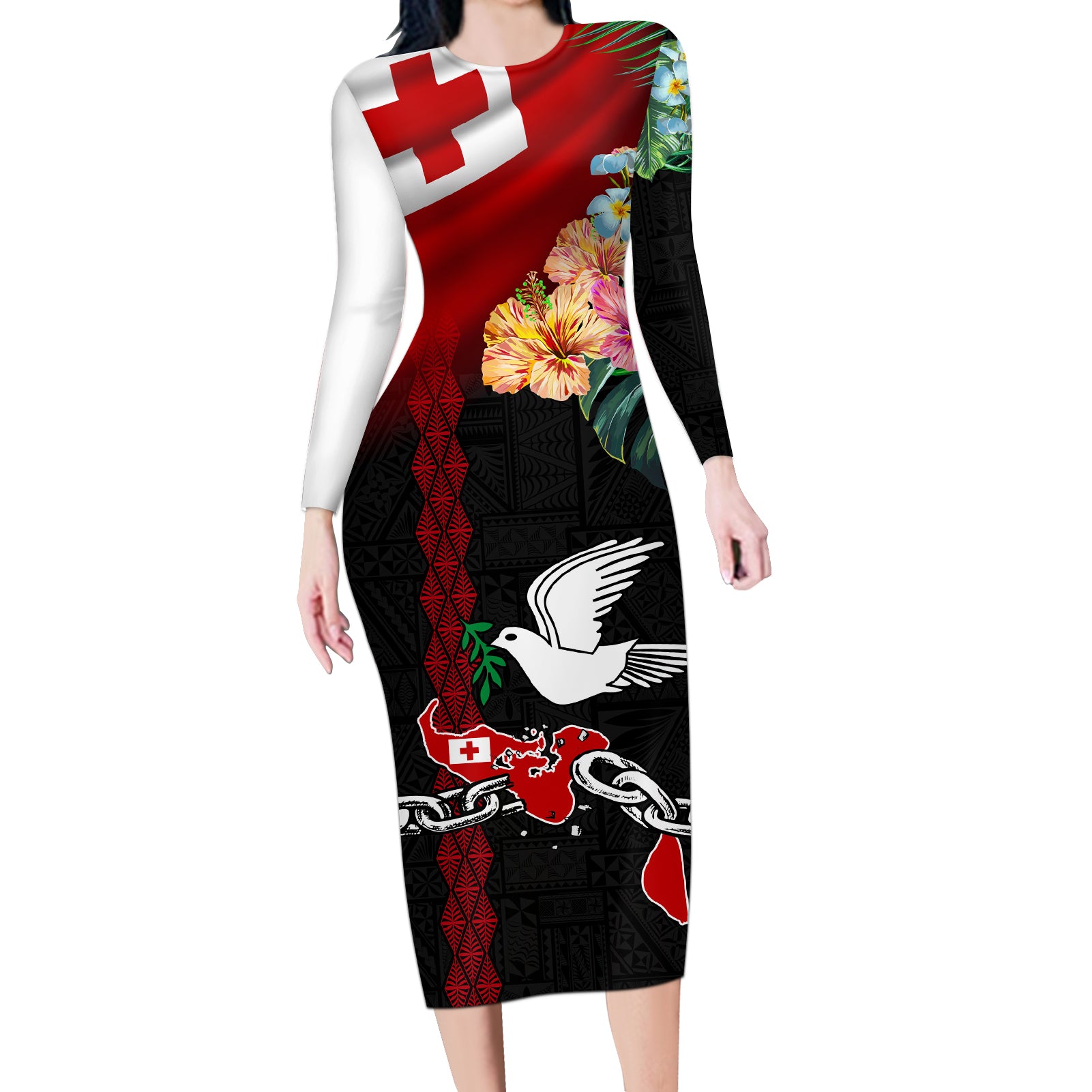 Personalised Tonga Emancipation Day Long Sleeve Bodycon Dress Flag Map and Hibiscus Flower Ngatu Pattern LT03 Long Dress Black - Polynesian Pride