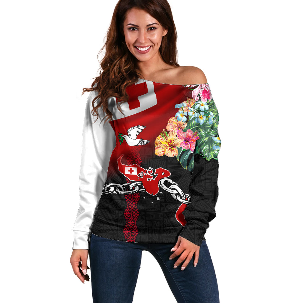 Personalised Tonga Emancipation Day Off Shoulder Sweater Flag Map and Hibiscus Flower Ngatu Pattern LT03 Women Black - Polynesian Pride