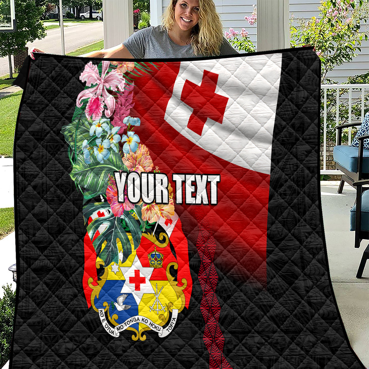 Personalised Tonga Emancipation Day Quilt Flag Map and Hibiscus Flower Ngatu Pattern