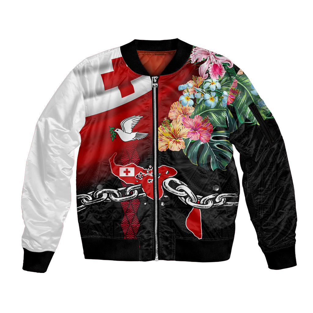 Personalised Tonga Emancipation Day Sleeve Zip Bomber Jacket Flag Map and Hibiscus Flower Ngatu Pattern LT03 Unisex Black - Polynesian Pride