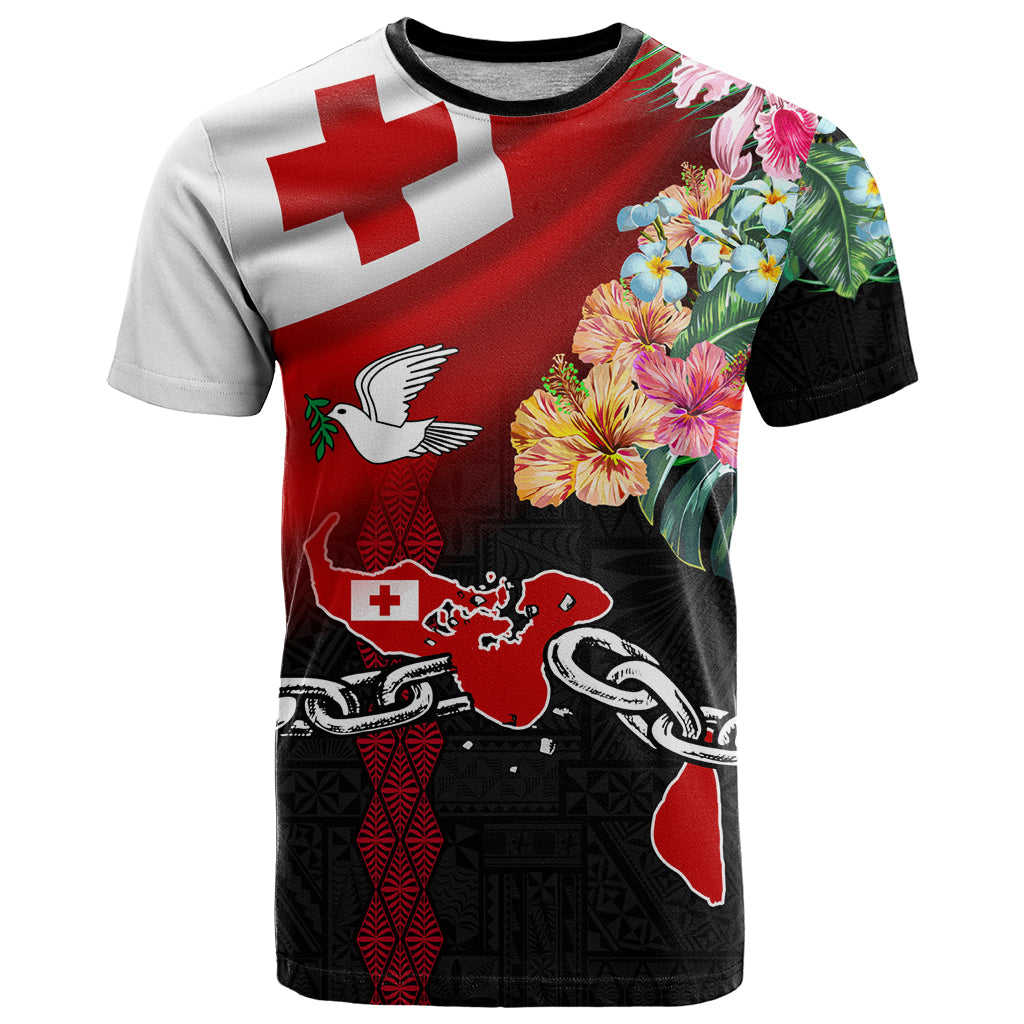 Personalised Tonga Emancipation Day T Shirt Flag Map and Hibiscus Flower Ngatu Pattern LT03 Black - Polynesian Pride