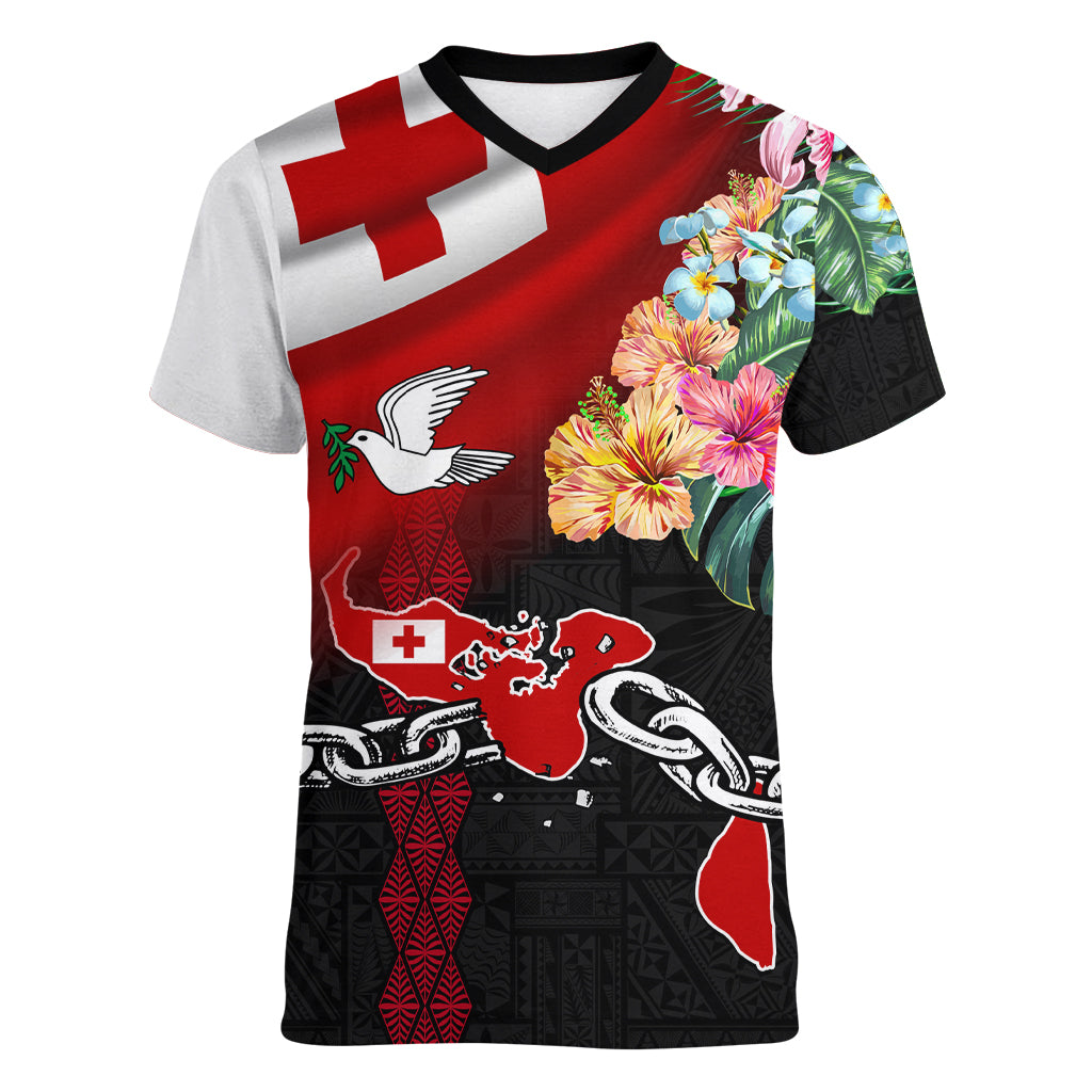 Personalised Tonga Emancipation Day Women V Neck T Shirt Flag Map and Hibiscus Flower Ngatu Pattern LT03 Female Black - Polynesian Pride