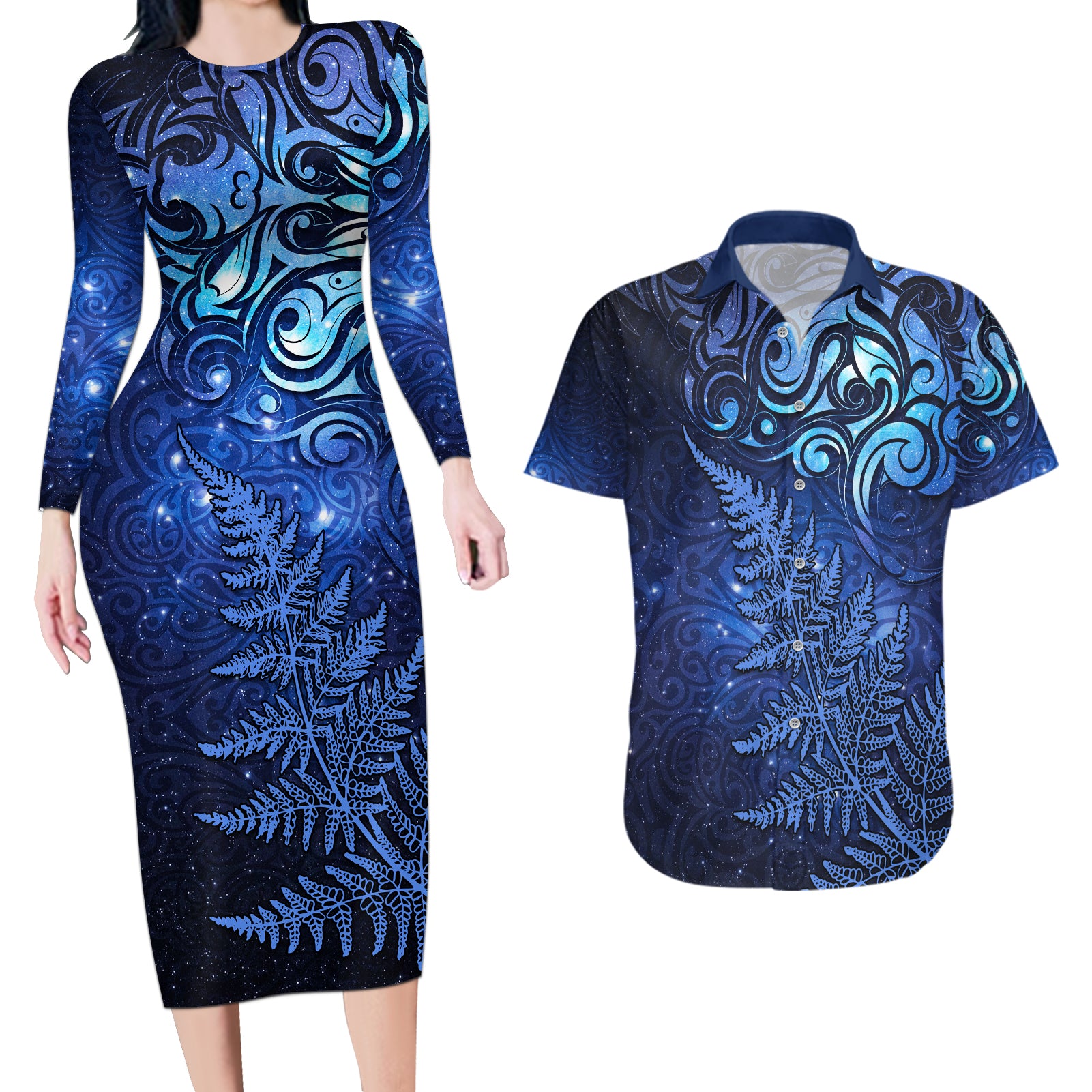 New Zealand Matariki Couples Matching Long Sleeve Bodycon Dress and Hawaiian Shirt Maori Pattern and Silver Fern