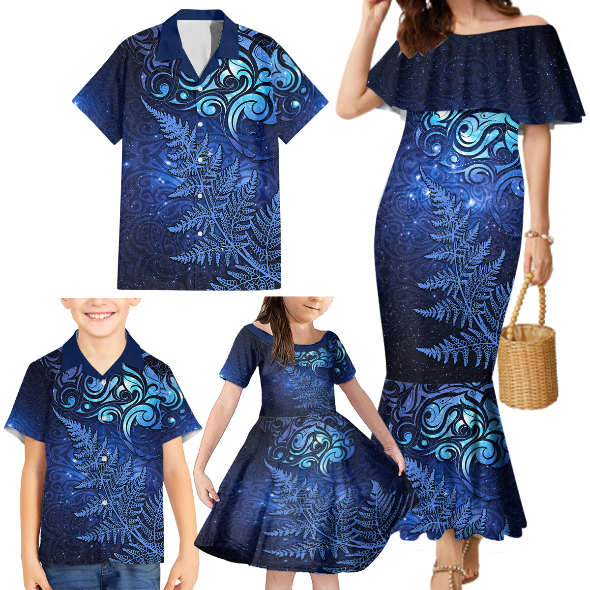 New Zealand Matariki Family Matching Mermaid Dress and Hawaiian Shirt Maori Pattern and Silver Fern