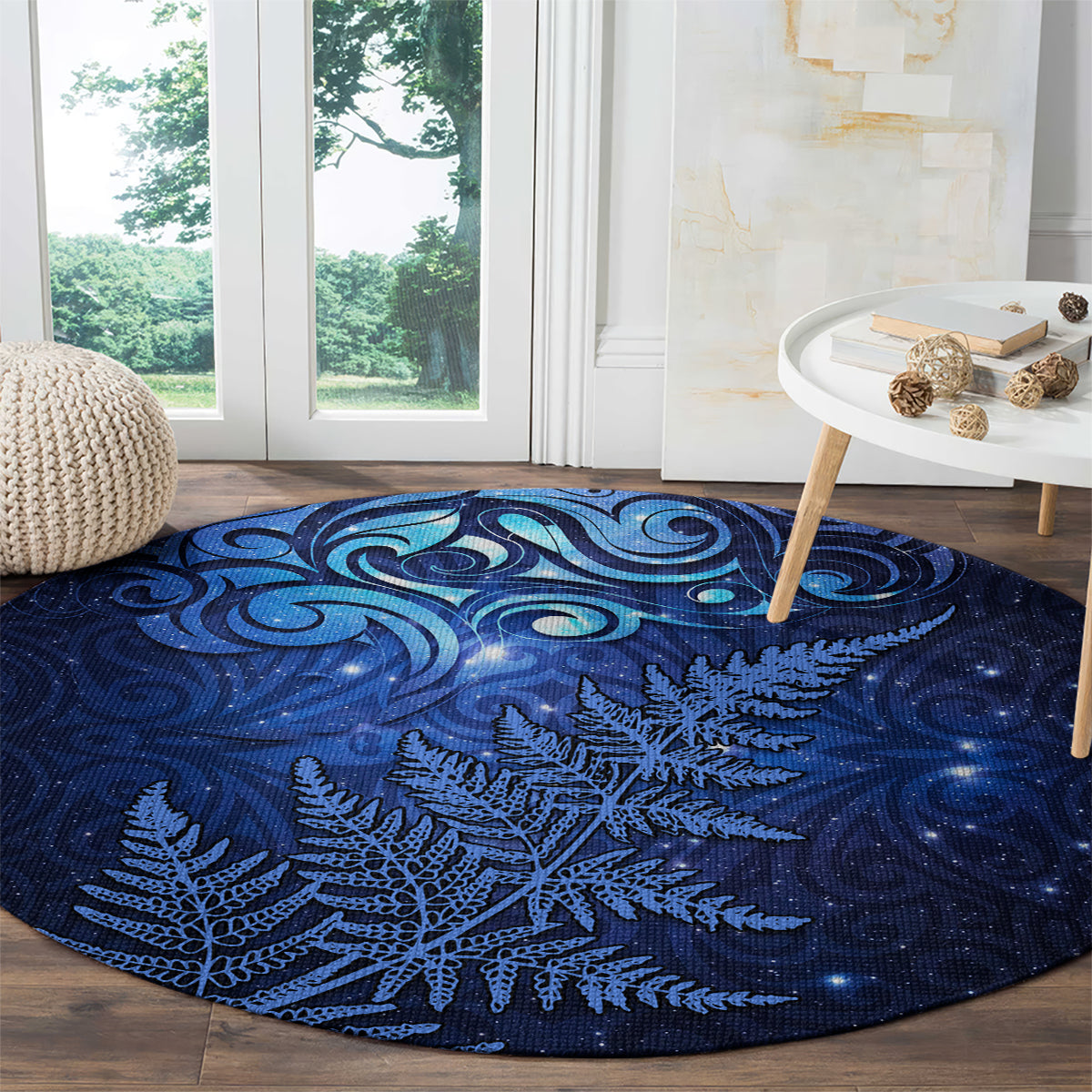 New Zealand Matariki Round Carpet Maori Pattern and Silver Fern