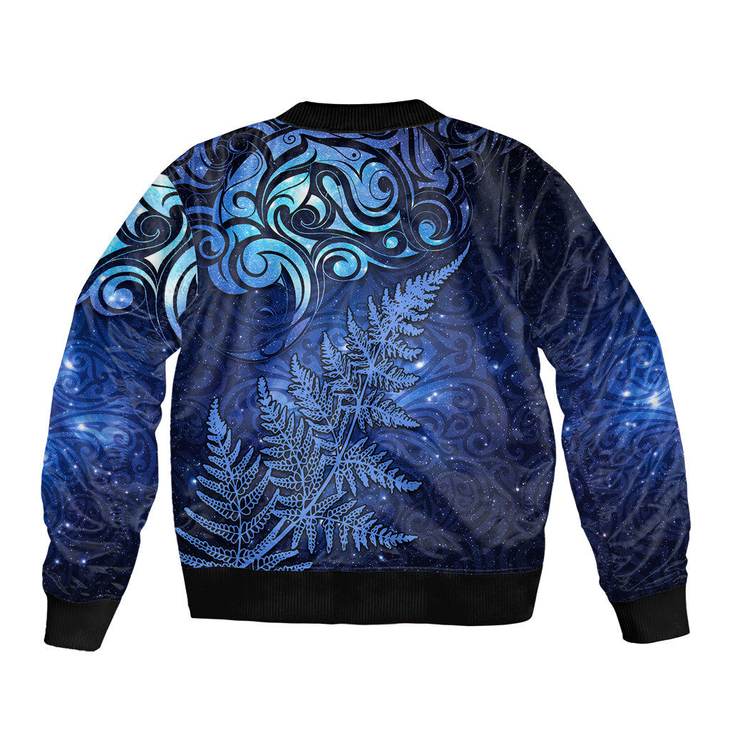 New Zealand Matariki Sleeve Zip Bomber Jacket Maori Pattern and Silver Fern