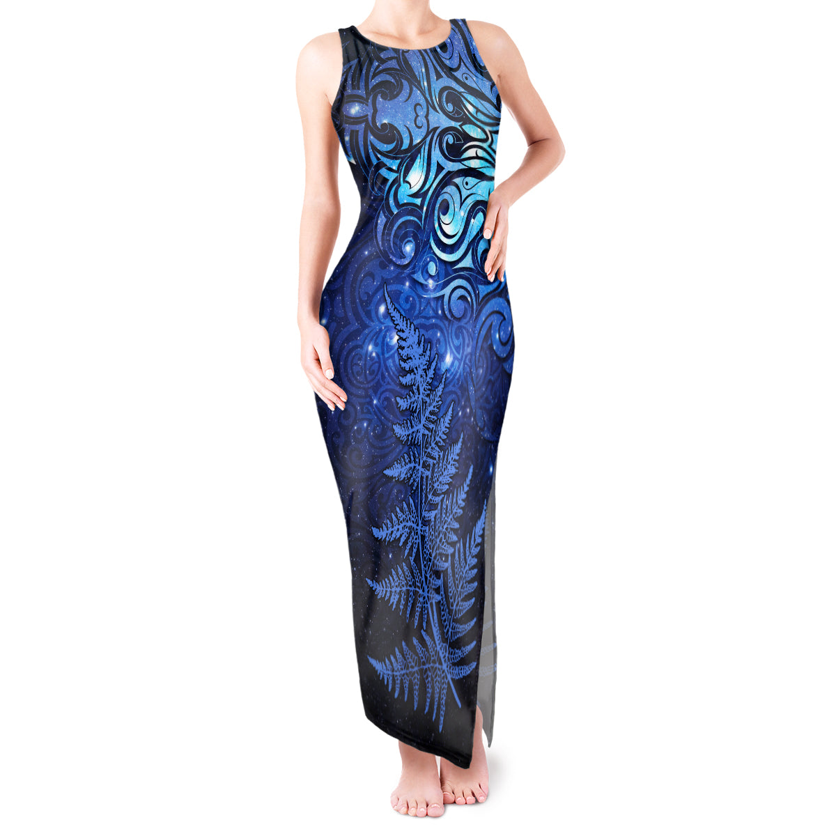 New Zealand Matariki Tank Maxi Dress Maori Pattern and Silver Fern