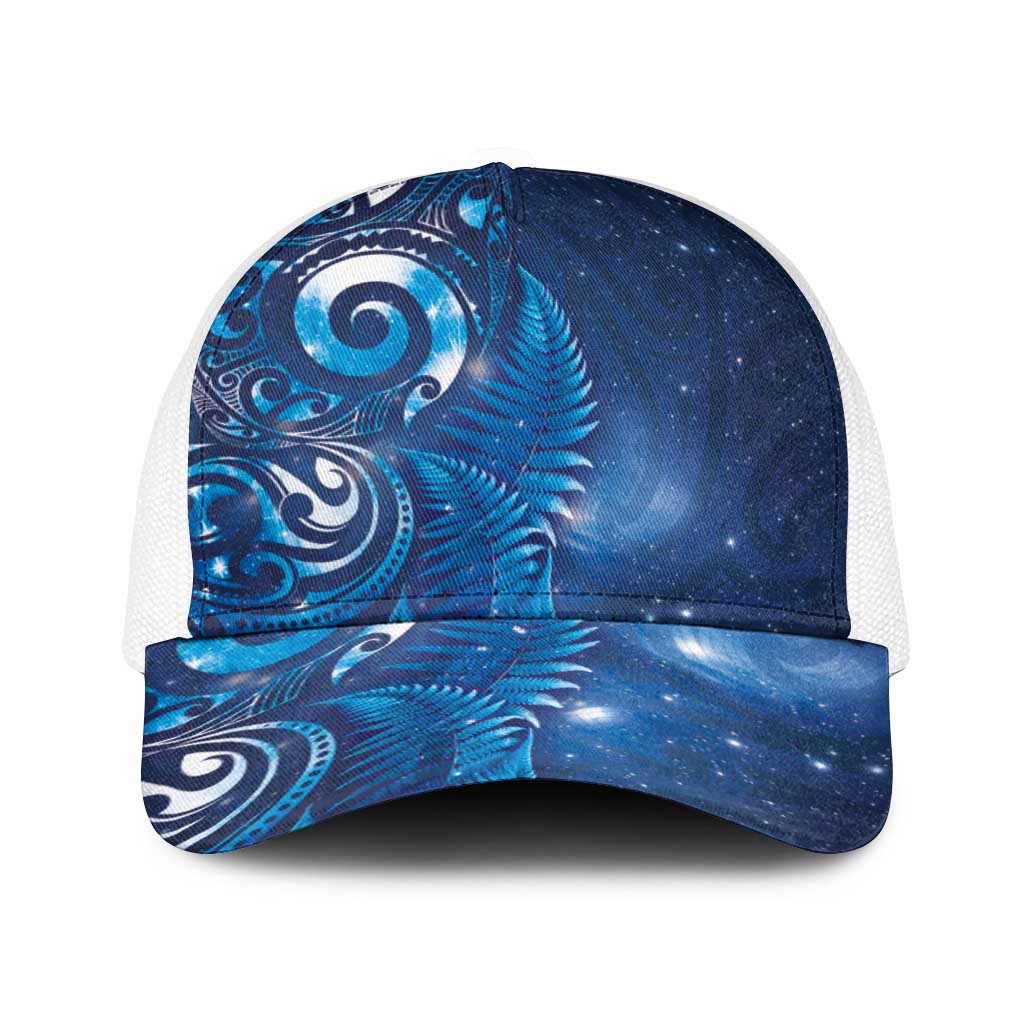 Aotearoa New Zealand New Year Baseball Net Cap Tribal Koru Tattoo Blue Galaxy Maori Silver Fern