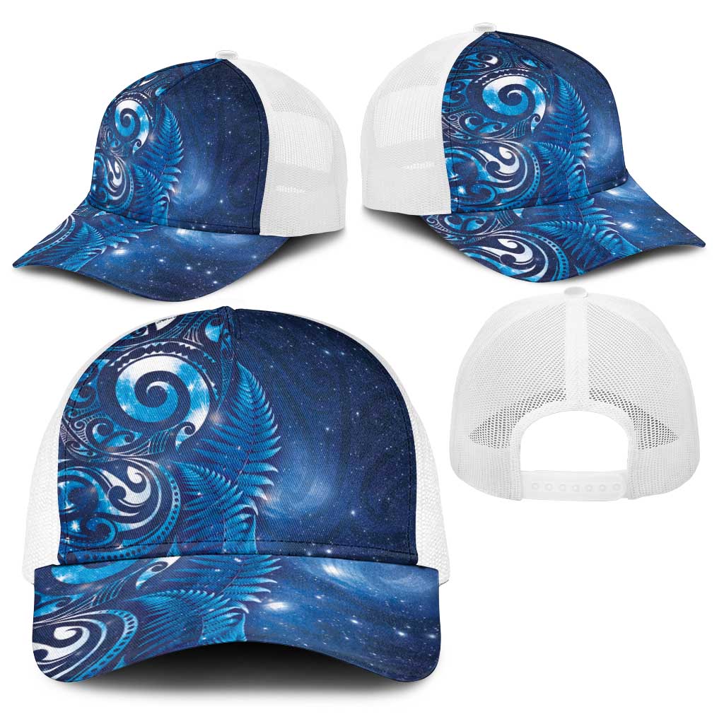 Aotearoa New Zealand New Year Baseball Net Cap Tribal Koru Tattoo Blue Galaxy Maori Silver Fern