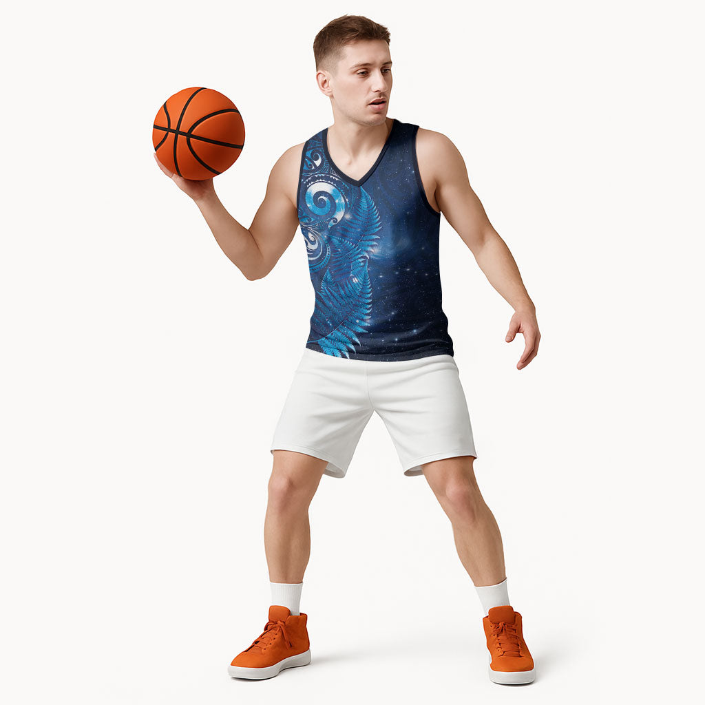 Aotearoa New Zealand New Year Basketball Jersey Tribal Koru Tattoo Blue Galaxy Maori Silver Fern