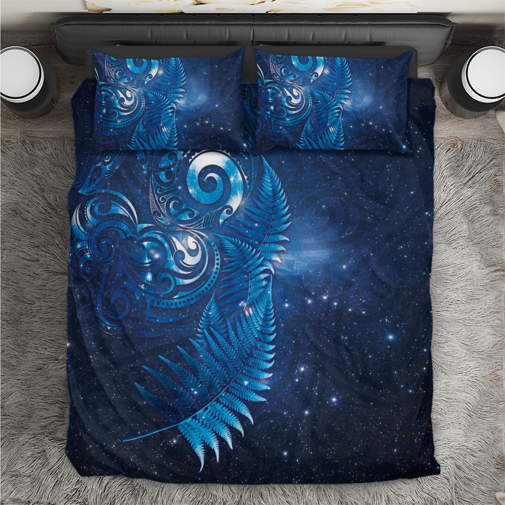Aotearoa New Zealand New Year Bedding Set Tribal Koru Tattoo Blue Galaxy Maori Silver Fern