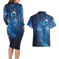 Aotearoa New Zealand New Year Couples Matching Long Sleeve Bodycon Dress and Hawaiian Shirt Tribal Koru Tattoo Blue Galaxy Maori Silver Fern
