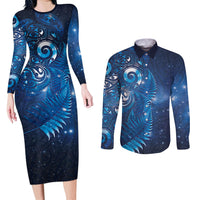 Aotearoa New Zealand New Year Couples Matching Long Sleeve Bodycon Dress and Long Sleeve Button Shirt Tribal Koru Tattoo Blue Galaxy Maori Silver Fern