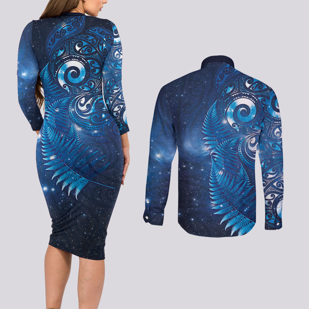 Aotearoa New Zealand New Year Couples Matching Long Sleeve Bodycon Dress and Long Sleeve Button Shirt Tribal Koru Tattoo Blue Galaxy Maori Silver Fern