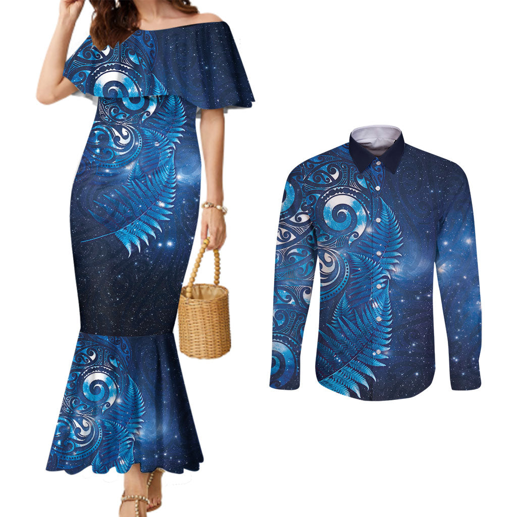 Aotearoa New Zealand New Year Couples Matching Mermaid Dress and Long Sleeve Button Shirt Tribal Koru Tattoo Blue Galaxy Maori Silver Fern
