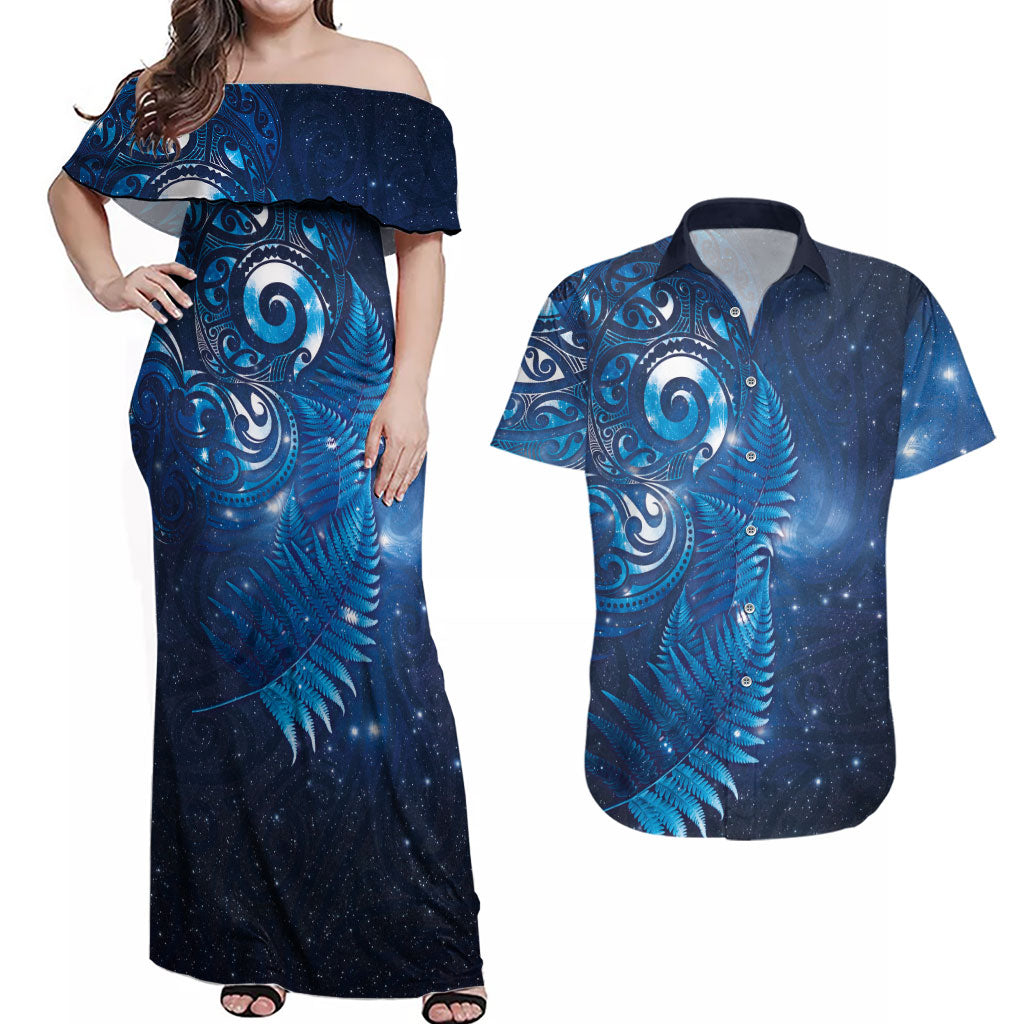 Aotearoa New Zealand New Year Couples Matching Off Shoulder Maxi Dress and Hawaiian Shirt Tribal Koru Tattoo Blue Galaxy Maori Silver Fern LT03 Blue - Polynesian Pride