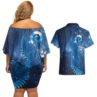 Aotearoa New Zealand New Year Couples Matching Off Shoulder Short Dress and Hawaiian Shirt Tribal Koru Tattoo Blue Galaxy Maori Silver Fern
