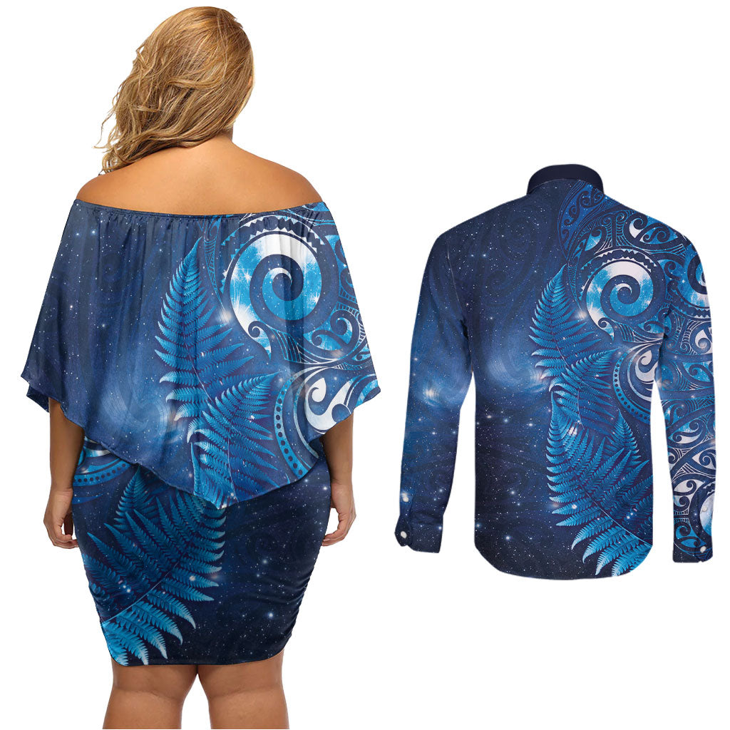 Aotearoa New Zealand New Year Couples Matching Off Shoulder Short Dress and Long Sleeve Button Shirt Tribal Koru Tattoo Blue Galaxy Maori Silver Fern