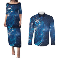 Aotearoa New Zealand New Year Couples Matching Puletasi and Long Sleeve Button Shirt Tribal Koru Tattoo Blue Galaxy Maori Silver Fern