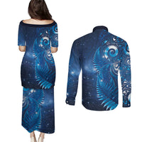 Aotearoa New Zealand New Year Couples Matching Puletasi and Long Sleeve Button Shirt Tribal Koru Tattoo Blue Galaxy Maori Silver Fern