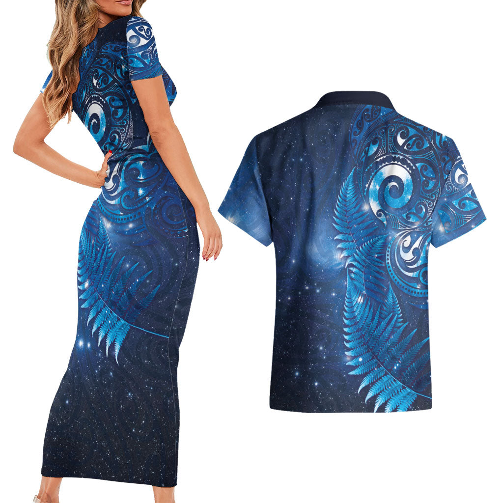 Aotearoa New Zealand New Year Couples Matching Short Sleeve Bodycon Dress and Hawaiian Shirt Tribal Koru Tattoo Blue Galaxy Maori Silver Fern
