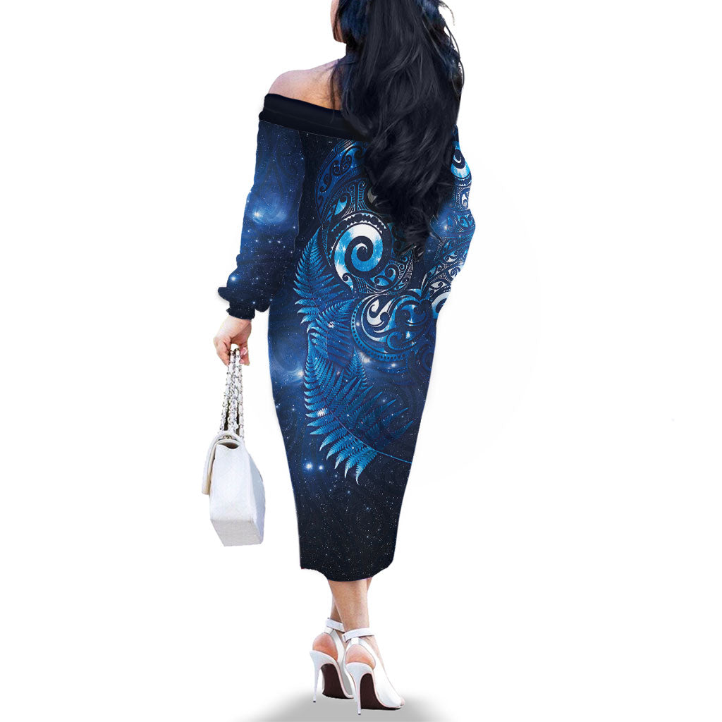 Aotearoa New Zealand New Year Family Matching Off The Shoulder Long Sleeve Dress and Hawaiian Shirt Tribal Koru Tattoo Blue Galaxy Maori Silver Fern