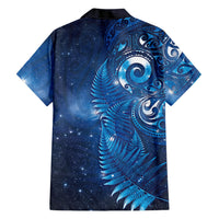 Aotearoa New Zealand New Year Family Matching Off Shoulder Short Dress and Hawaiian Shirt Tribal Koru Tattoo Blue Galaxy Maori Silver Fern