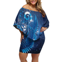 Aotearoa New Zealand New Year Family Matching Off Shoulder Short Dress and Hawaiian Shirt Tribal Koru Tattoo Blue Galaxy Maori Silver Fern
