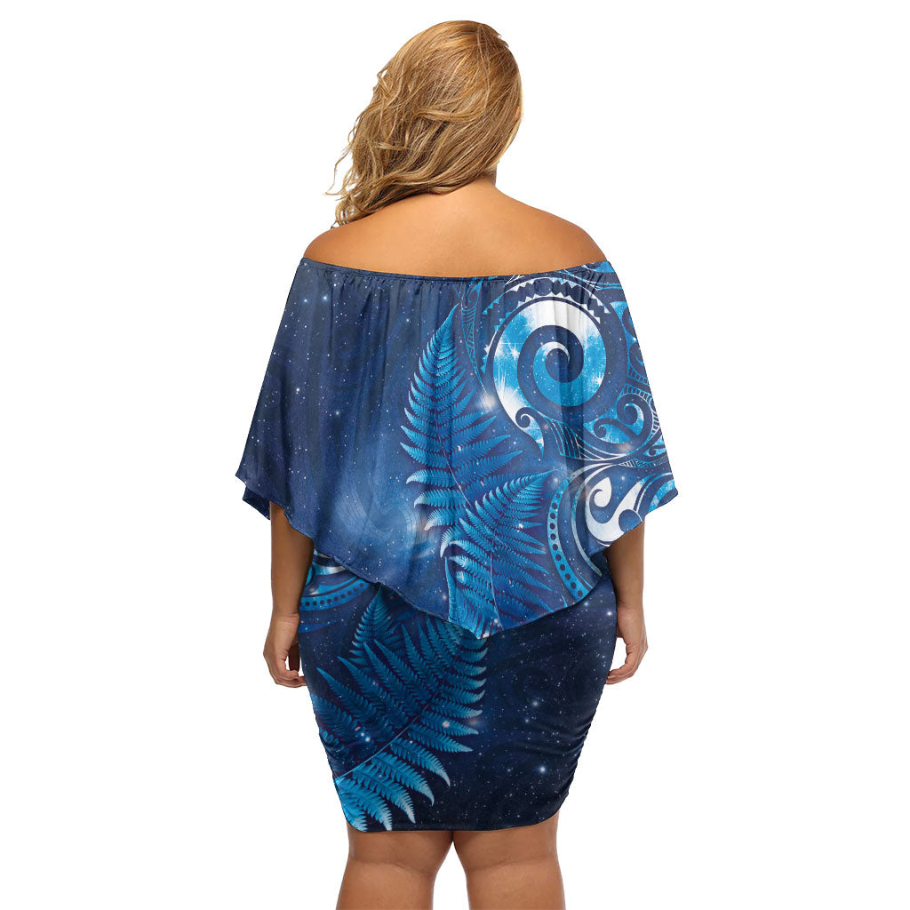 Aotearoa New Zealand New Year Family Matching Off Shoulder Short Dress and Hawaiian Shirt Tribal Koru Tattoo Blue Galaxy Maori Silver Fern
