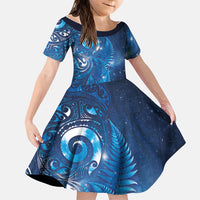 Aotearoa New Zealand New Year Family Matching Short Sleeve Bodycon Dress and Hawaiian Shirt Tribal Koru Tattoo Blue Galaxy Maori Silver Fern